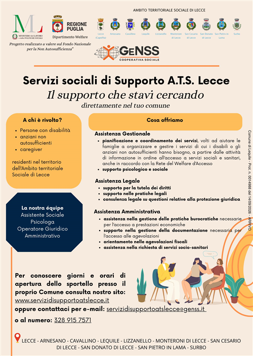 Servizi sociali di supporto per persone con disabilità e anziani non autosufficienti: attivo lo sportello